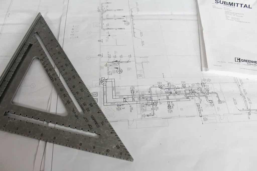 Immagine di contesto: squadra da disegno appoggiata su una tavola tecnica con quotature e dettagli costruttivi.